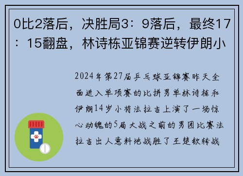 0比2落后，决胜局3：9落后，最终17：15翻盘，林诗栋亚锦赛逆转伊朗小孩儿哥！附带国乒12日赛程，赶紧收藏观看